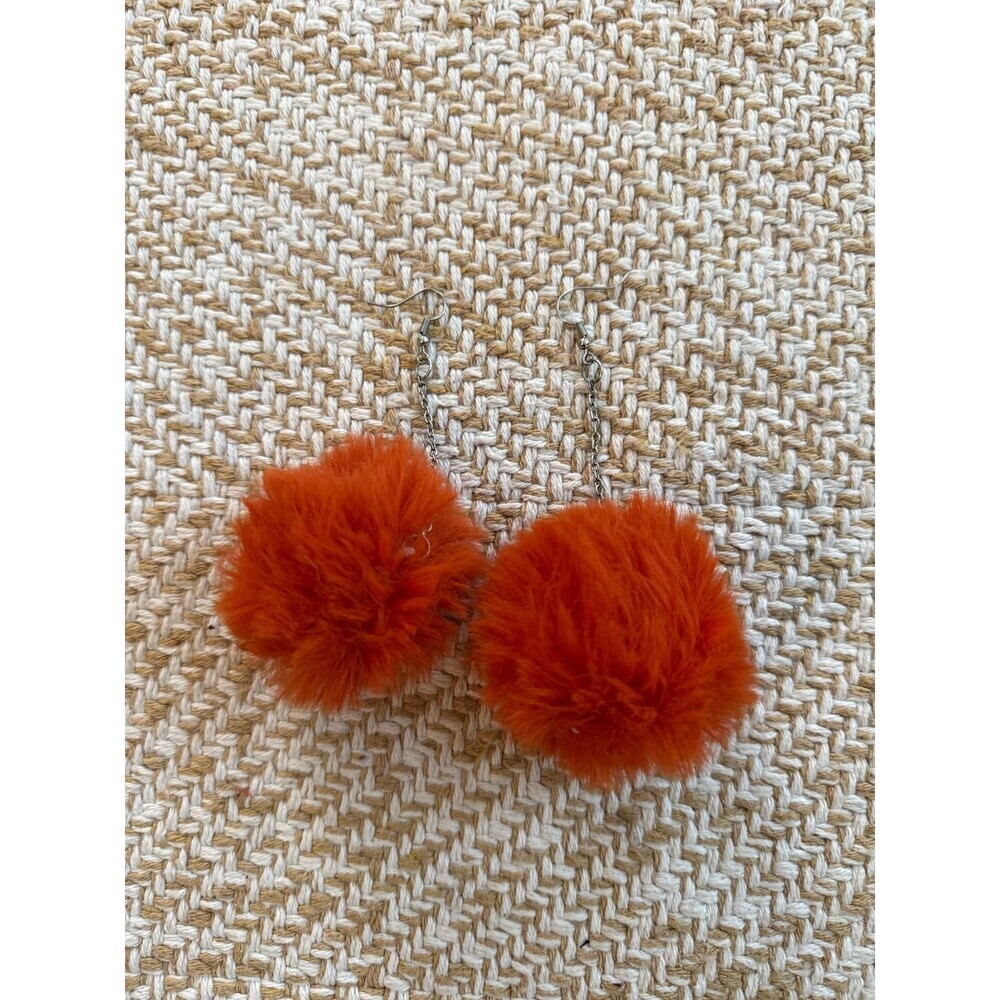 Orange Faux Fur Pom Pom Dangle Earrings